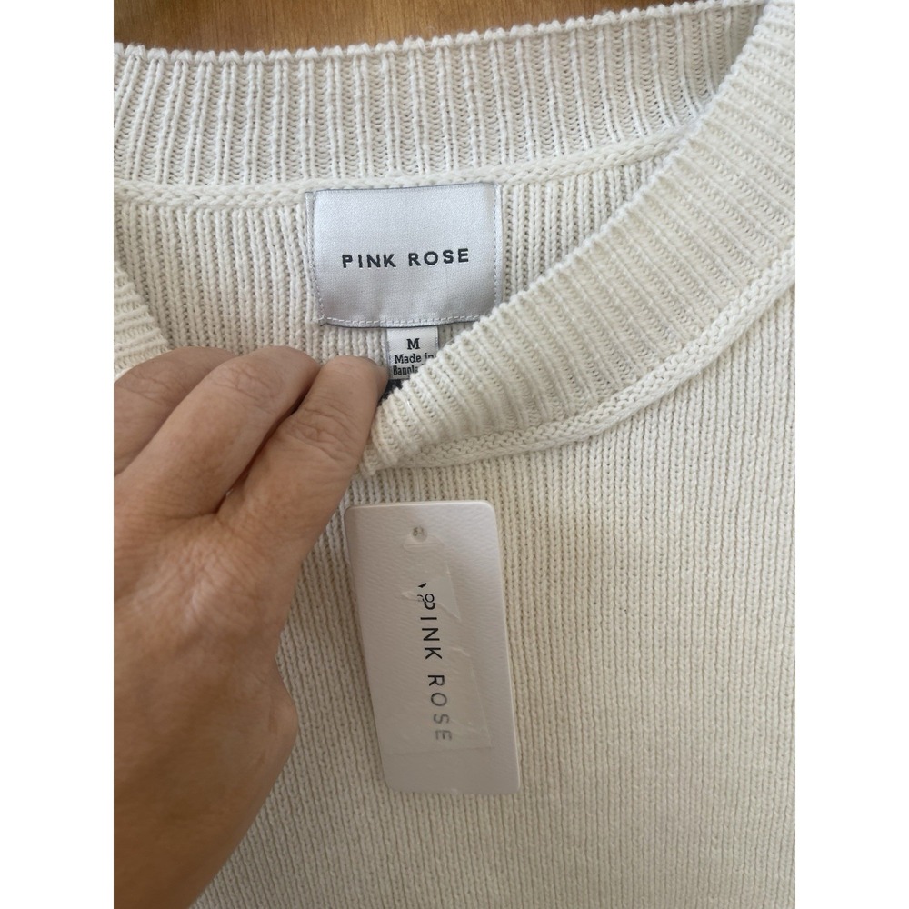 Pink Rose Cream Knit Sweater Women Medium NWT Cotton Blend Cropped Pullover - Picture 3 of 6